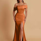 Elegant Soft Satin Mermaid Off Shoulder Asymmetrical Side Slit Floor-Length Bridesmaid Dresses