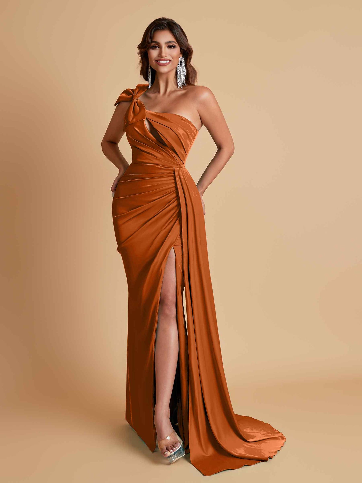 Gorgeous One Shoulder Bow Knot Soft Satin Side Slit Floor-Length Mermaid Bridesmaid Dresses