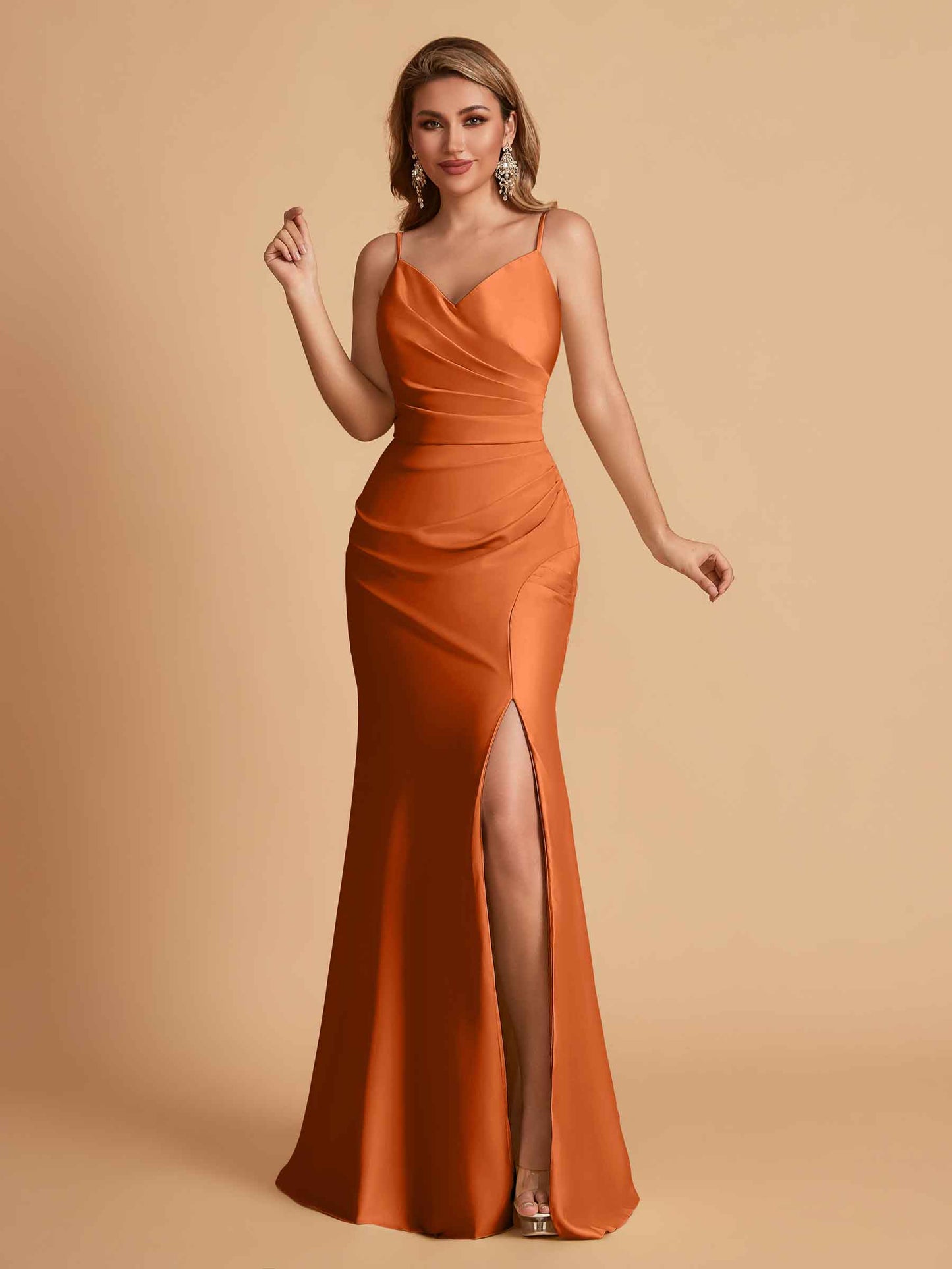 Elegant Satin Spaghetti Straps Mermaid Side Slit Floor Length Bridesmaid Dresses
