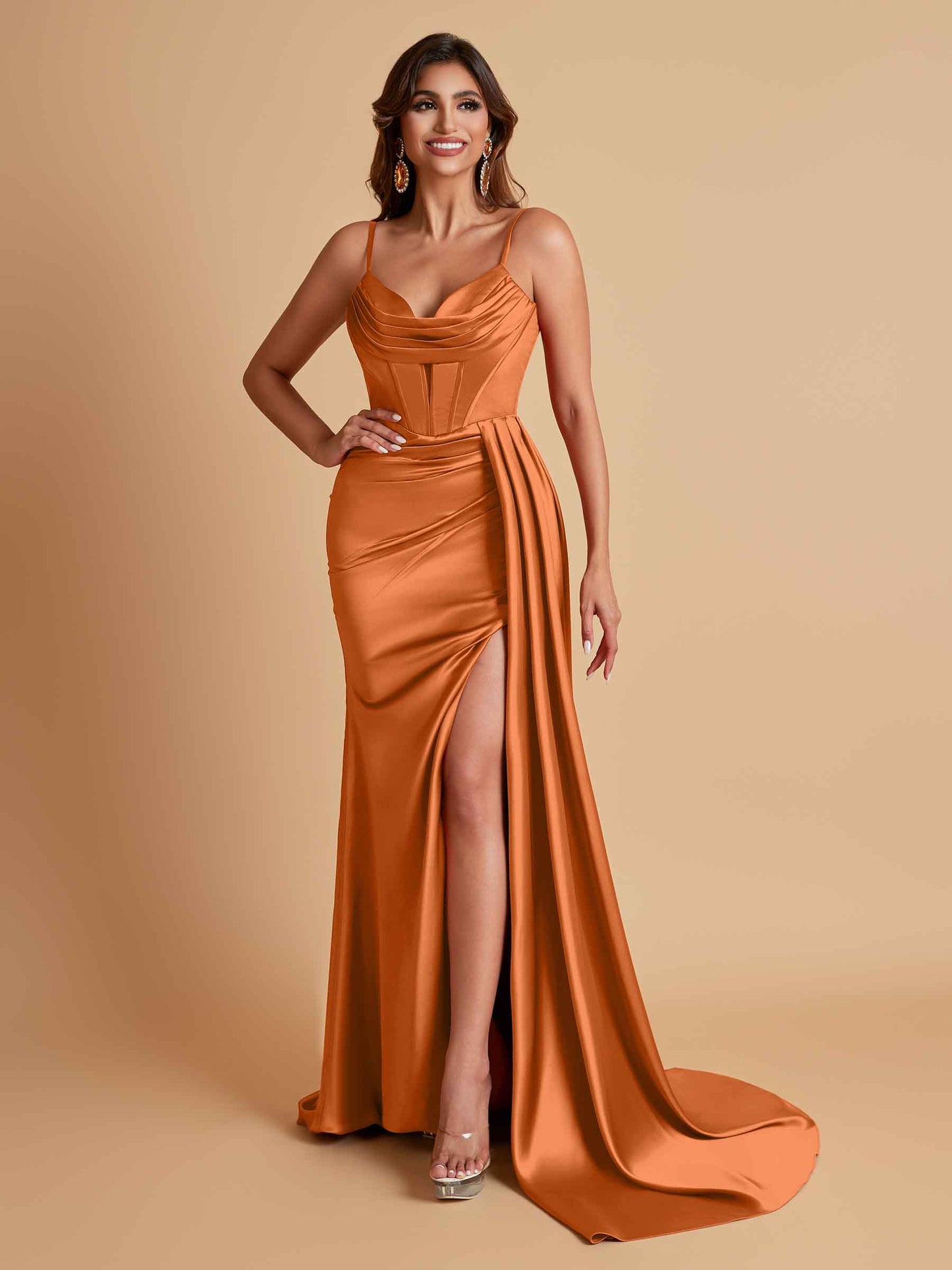 Sexy Soft Satin V-neck Spaghetti Strap Side-Slit Mermaid Bridesmaid Dresses