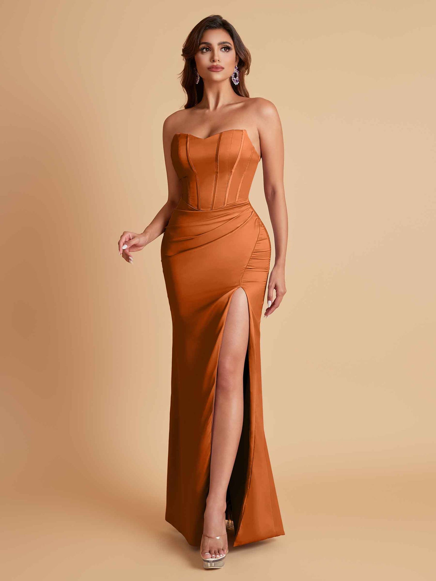 Sexy Strapless Soft Satin Side Slit Floor-Length Mermaid Bridesmaid Dresses