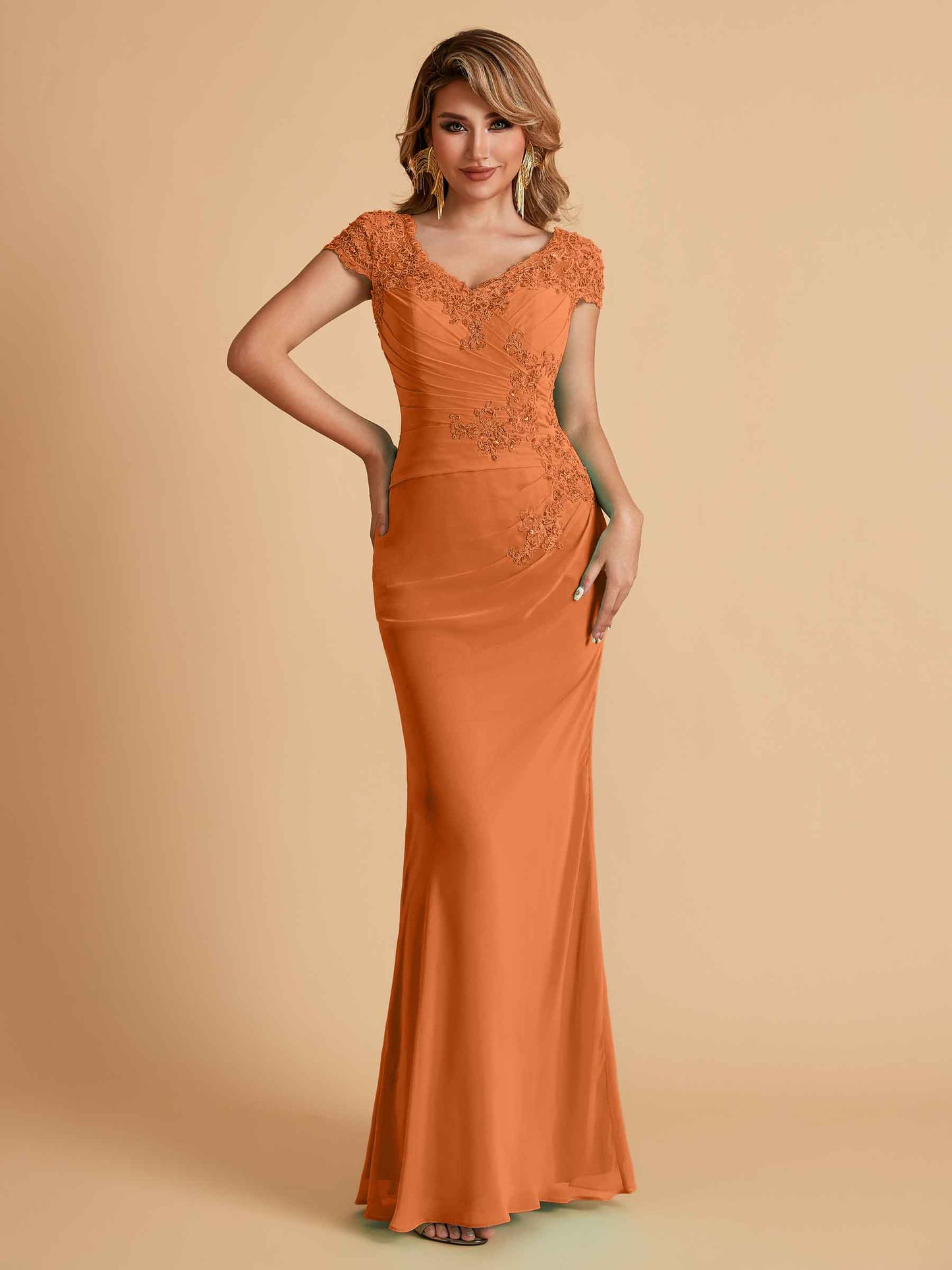 Elegant Mermaid Chiffon Cap Sleeves V-Neck Mother of the Brides Dresses Online