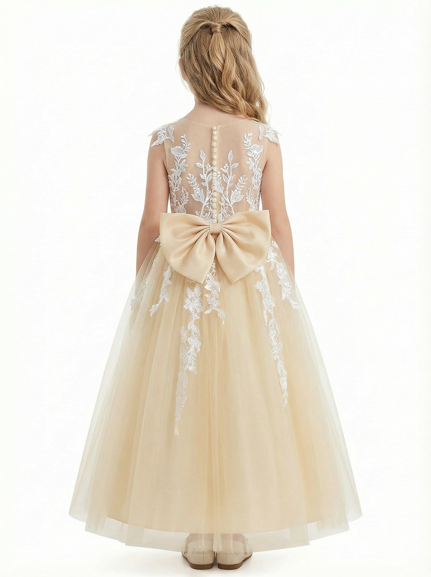 Lace Applique Flower Girl Dress, Spaghetti-Straps Sleeveless A-Line, Elegant Tulle Skirt