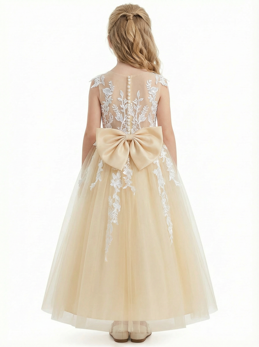 Lace Applique Flower Girl Dress, Spaghetti-Straps Sleeveless A-Line, Elegant Tulle Skirt