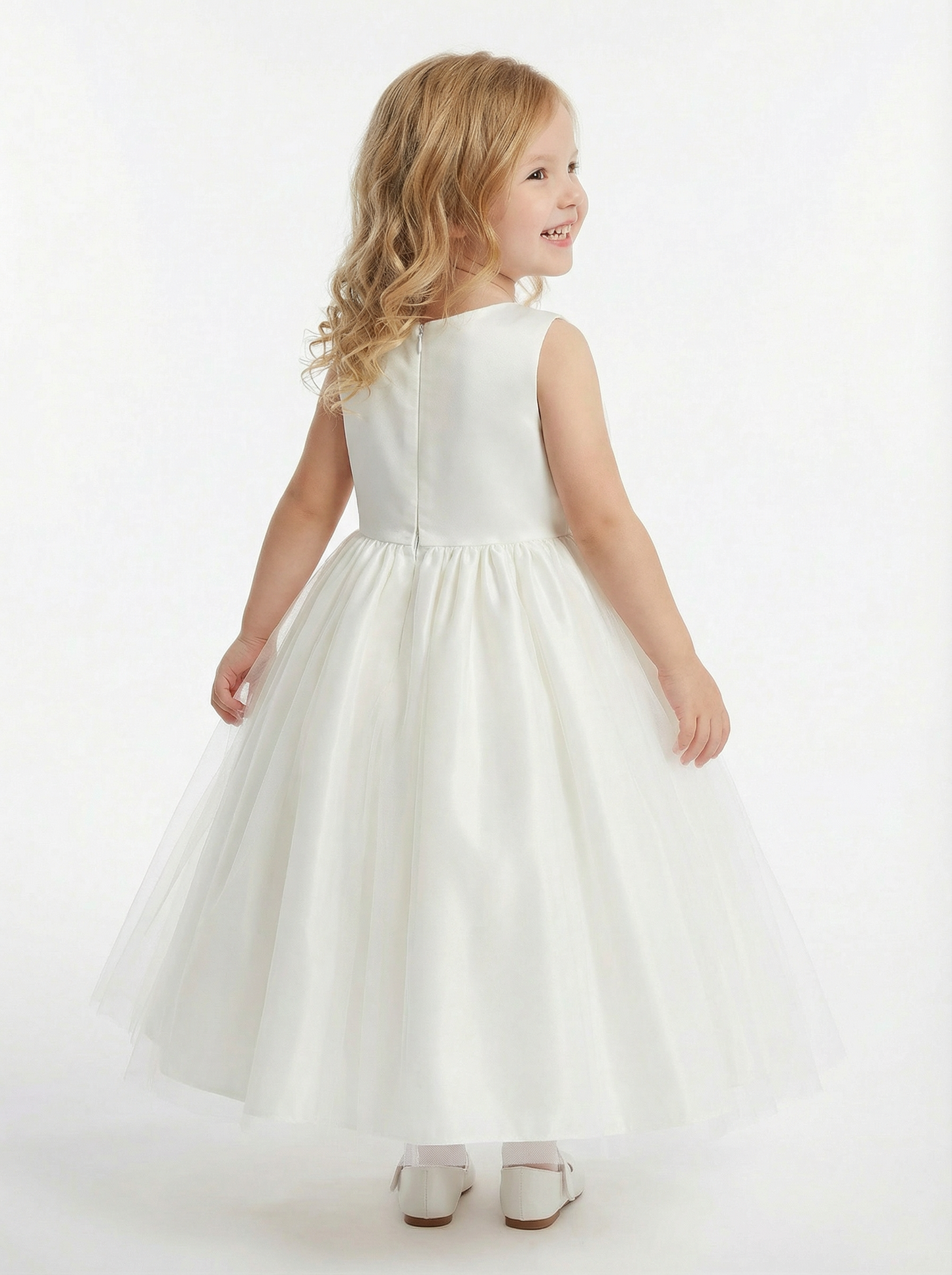Illusion Lace Flower Girl Dress Sleeveless Applique Bodice Soft Tulle Tea Length