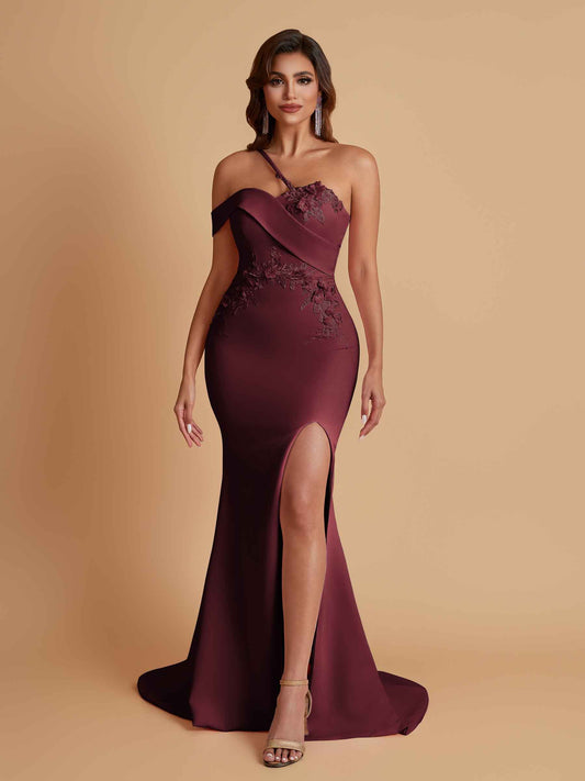 Sexy Soft Satin Mermaid One Shoulder Asymmetrical Side Slit Floor-Length Bridesmaid Dresses