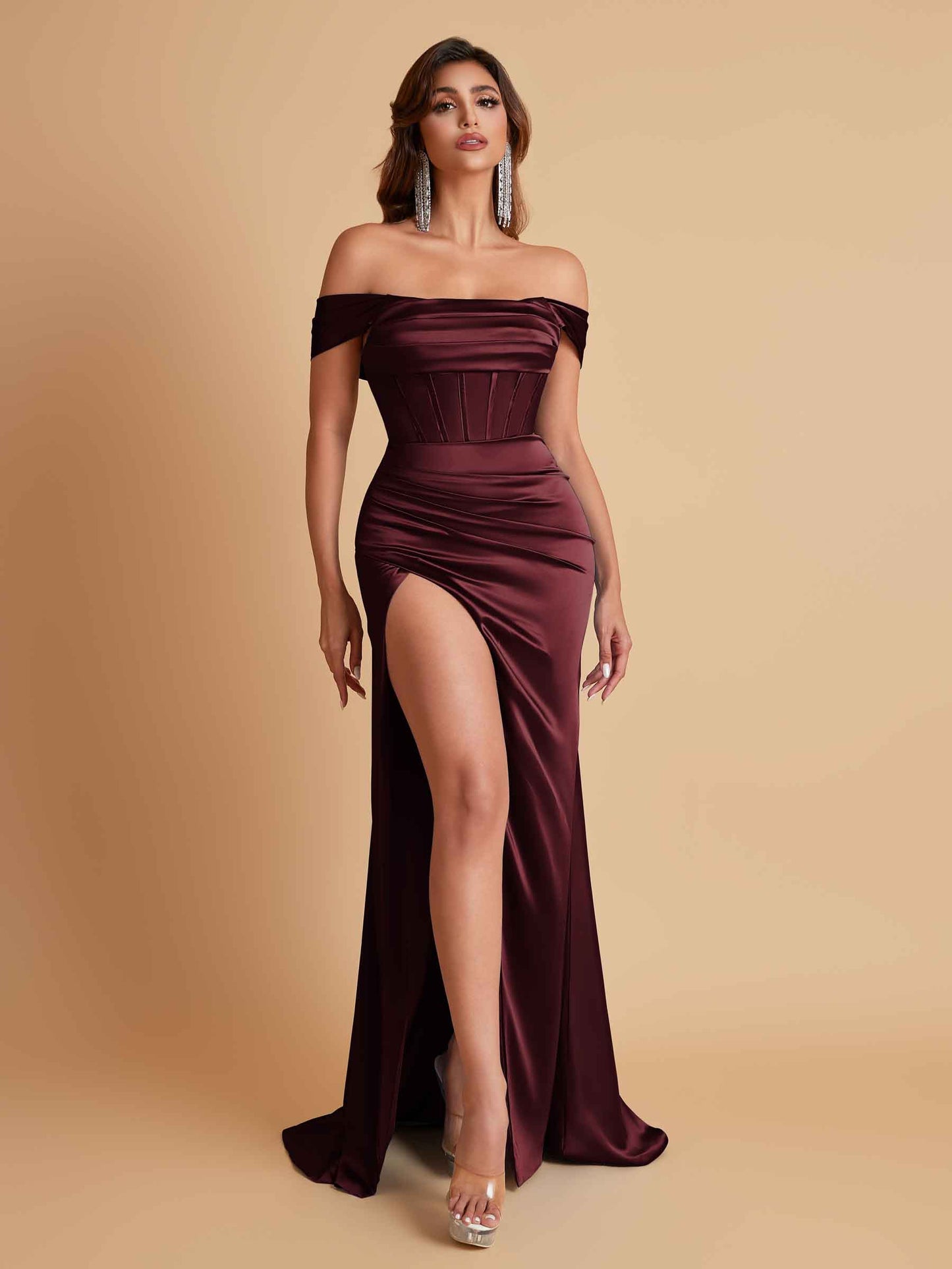 Sexy Off the Shoulder Soft Satin Side Slit Floor-Length Mermaid Bridesmaid Dresses