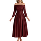 Off Shoulder Mother of the Bride Dress Tea-Length Satin Gown with Lace Applique