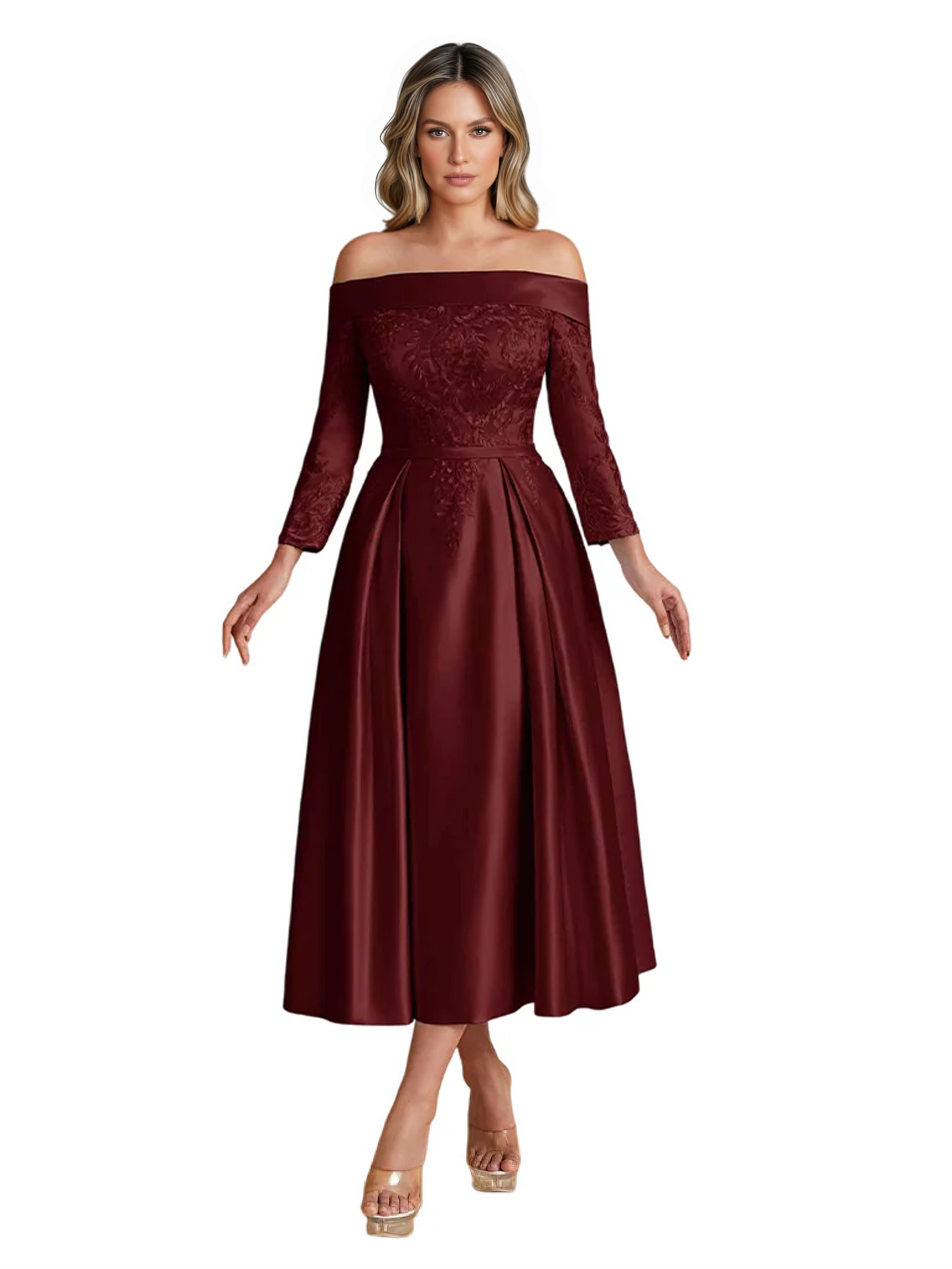 Off Shoulder Mother of the Bride Dress Tea-Length Satin Gown with Lace Applique