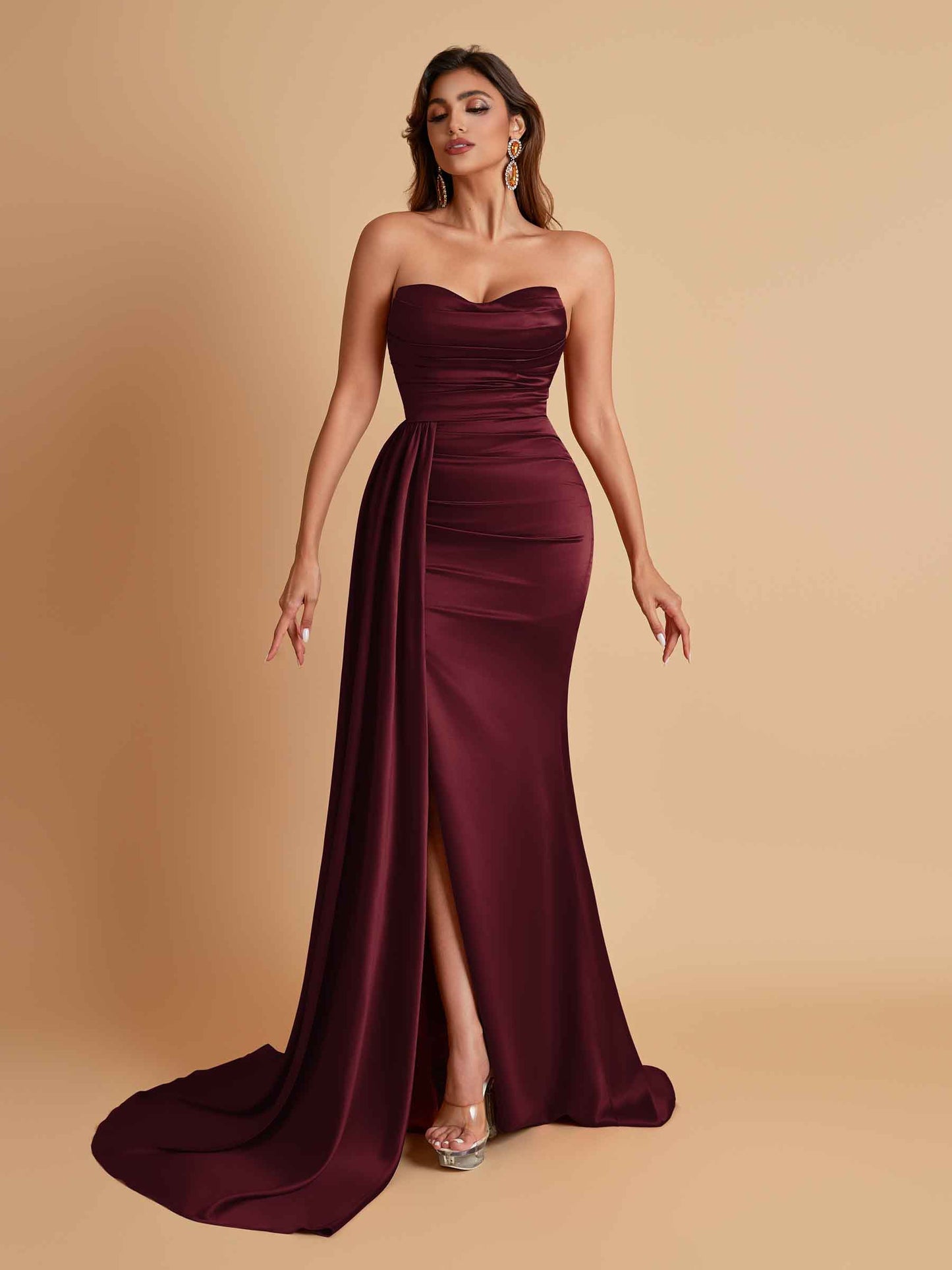 Elegant Soft Satin Sweetheart Strapless Side-Slit Mermaid Bridesmaid Dresses