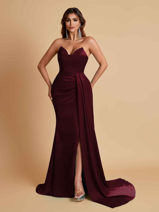 Gorgeous Strapless Soft Satin Side Slit Floor-Length Mermaid Bridesmaid Dresses