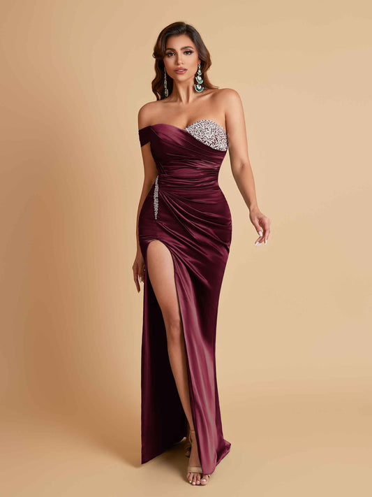 Sexy Soft Satin Mermaid One Shoulder Side Slit Floor-Length Mermaid Bridesmaid Dresses