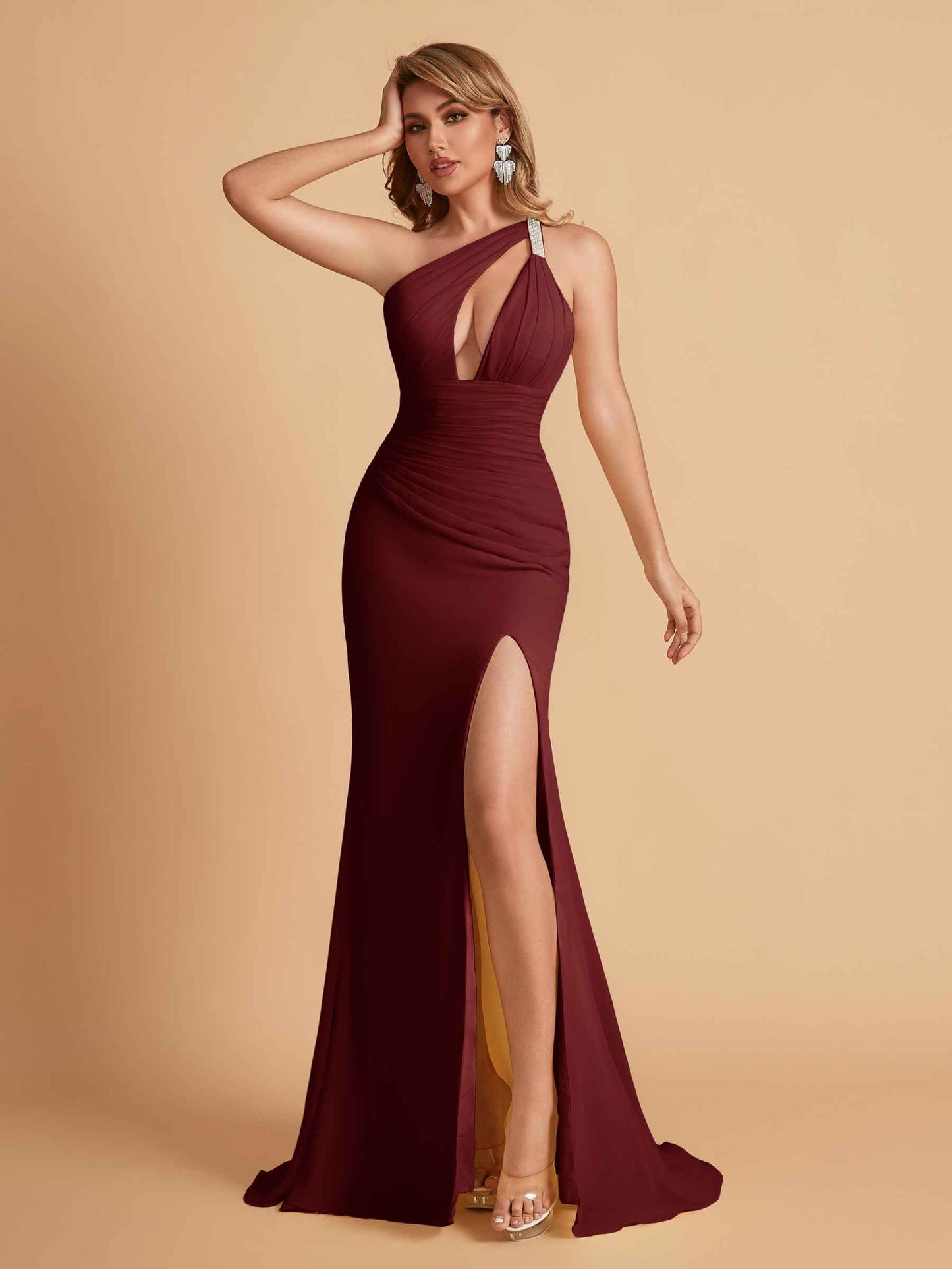 Sexy Mermaid One Shoulder Key Hole Bridesmaid Dresses Floor Length Bridal Party Dresses