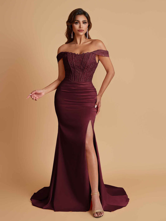 Elegant Soft Satin Mermaid Off Shoulder Side Slit Floor-Length Mermaid Bridesmaid Dresses