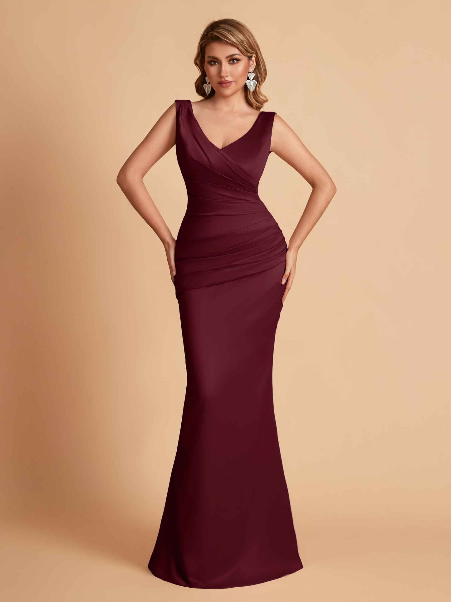 Elegant Satin V-neck Sleeveless Mermaid Floor Length Bridesmaid Dresses