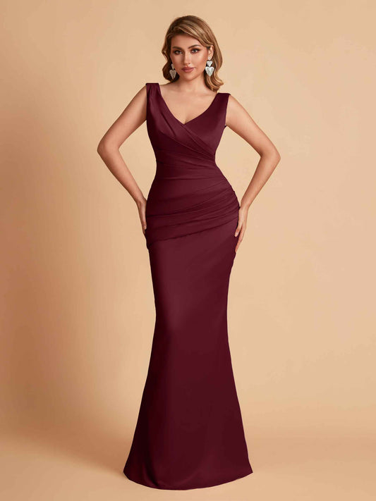 Elegant Satin V-neck Sleeveless Mermaid Floor Length Bridesmaid Dresses