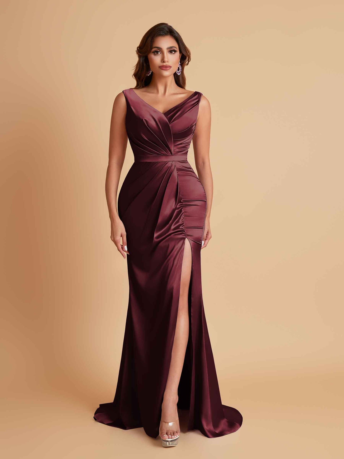 Elegant V Neck Soft Satin Side Slit Floor-Length Mermaid Bridesmaid Dresses