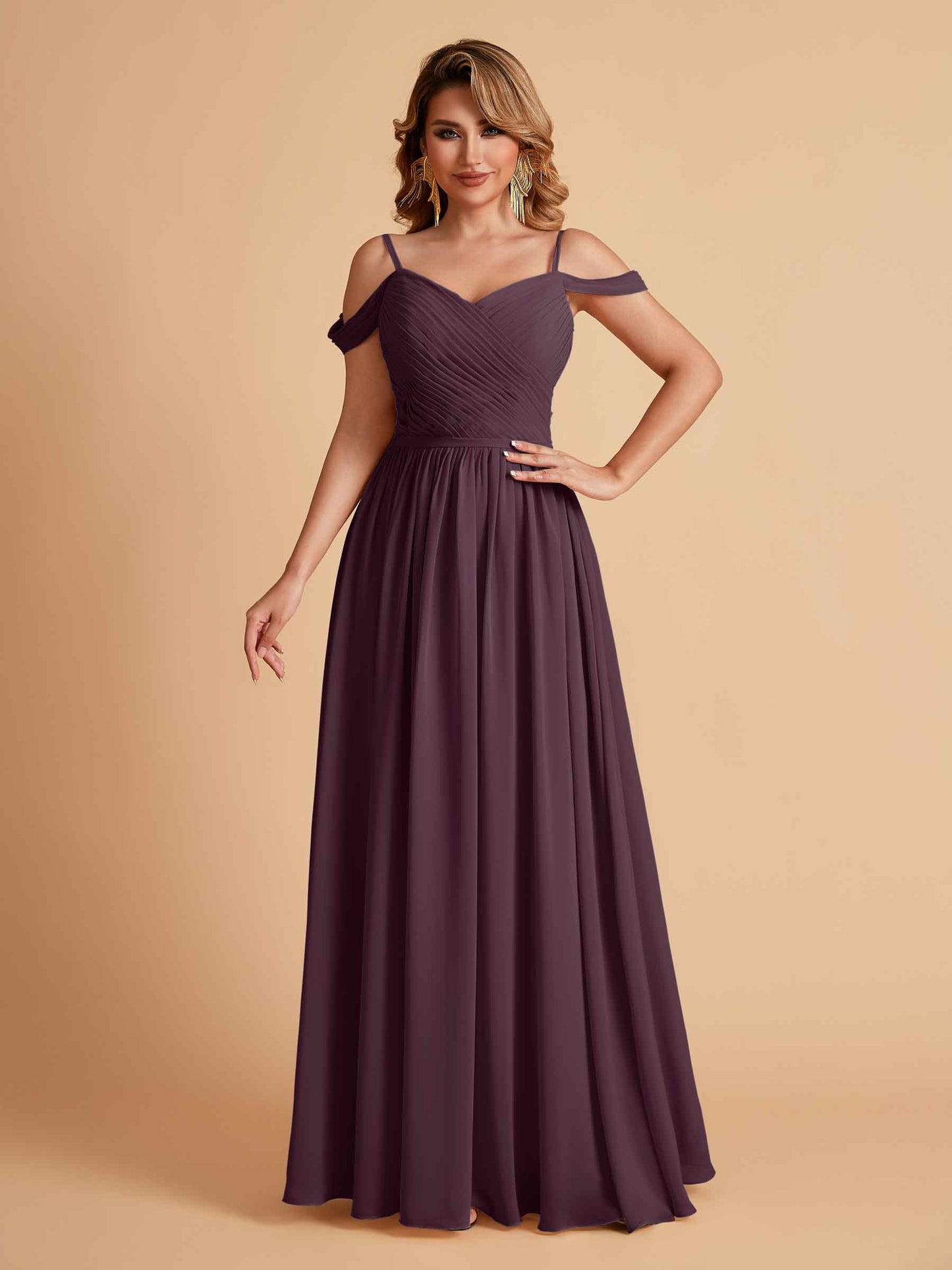 Elegant A-line Chiffon Off The Shoulder V-Neck Bridesmaid Dresses Online