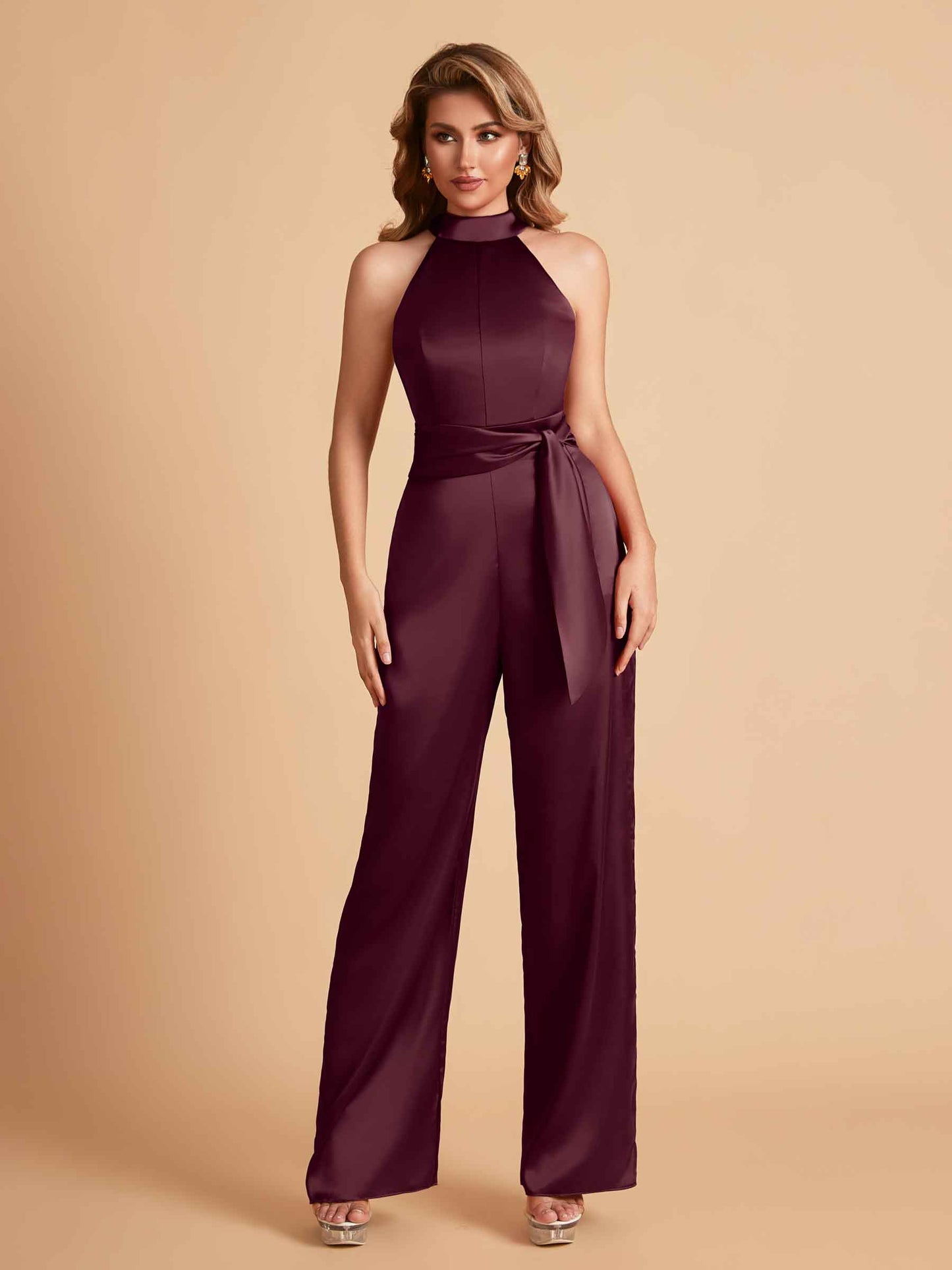 Elegant Satin Halter Sleeveless Satin Floor Length Bridesmaid Jumpsuit