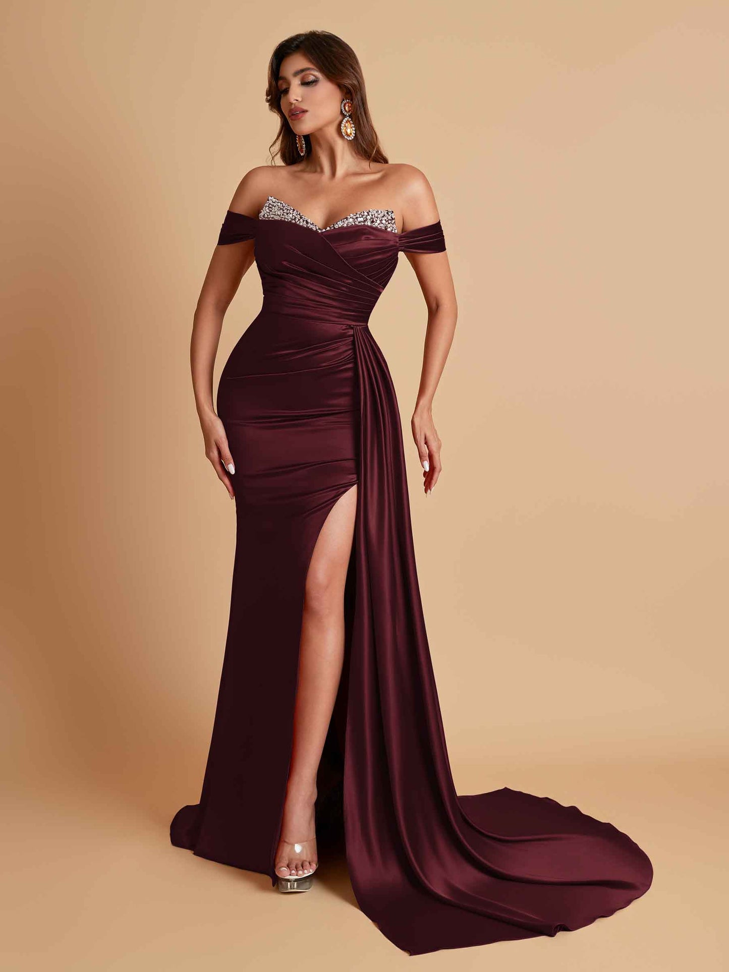 Gorgeous Soft Satin V-neck Off-the-Shoulder Side-Slit Mermaid Bridesmaid Dresses