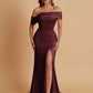 Elegant Soft Satin Mermaid Off Shoulder Asymmetrical Side Slit Floor-Length Bridesmaid Dresses
