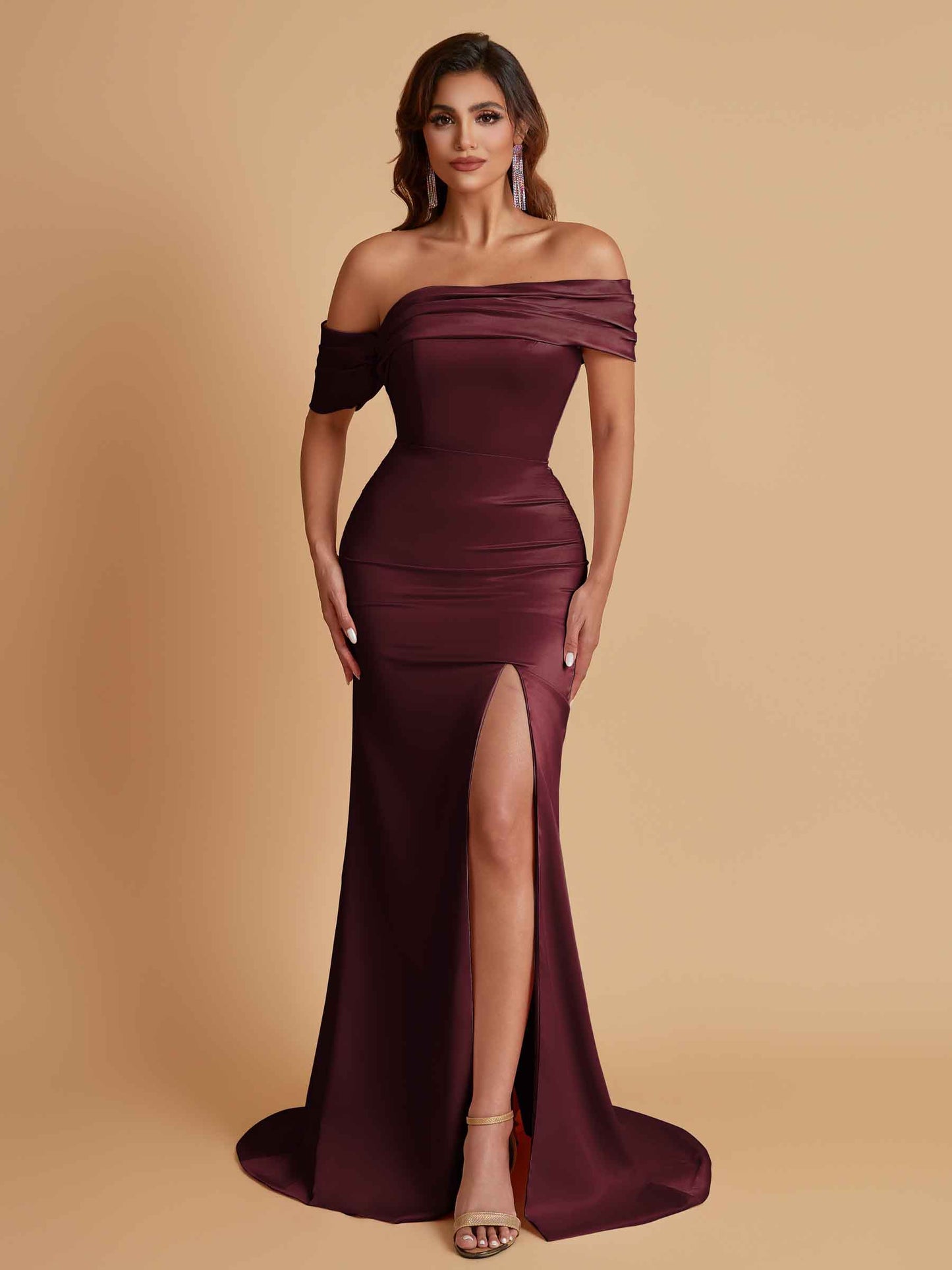 Elegant Soft Satin Mermaid Off Shoulder Asymmetrical Side Slit Floor-Length Bridesmaid Dresses