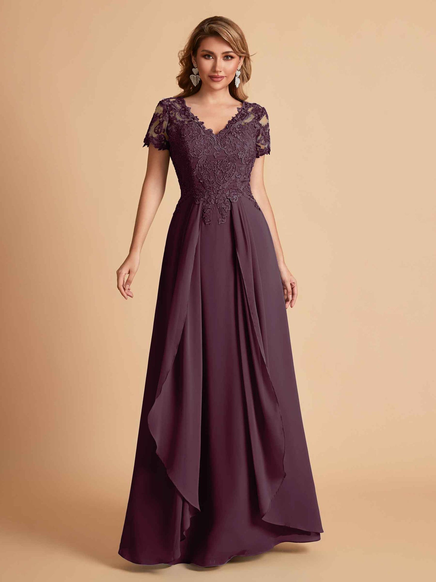 Elegant A-Line Chiffon Short Sleeves V-neck Mother of the Brides Dresses Lace Top MOB Dresses
