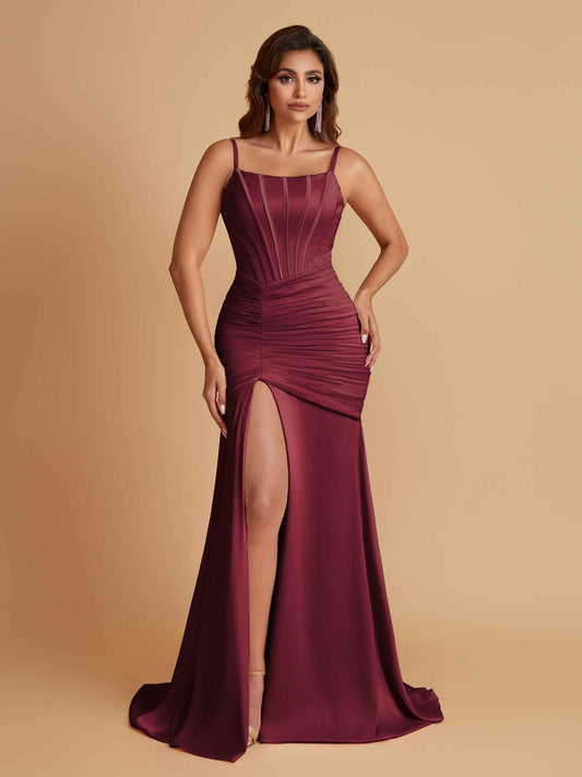 Sexy Soft Satin Mermaid Spaghetti Straps Side Slit Floor-Length Bridesmaid Dresses