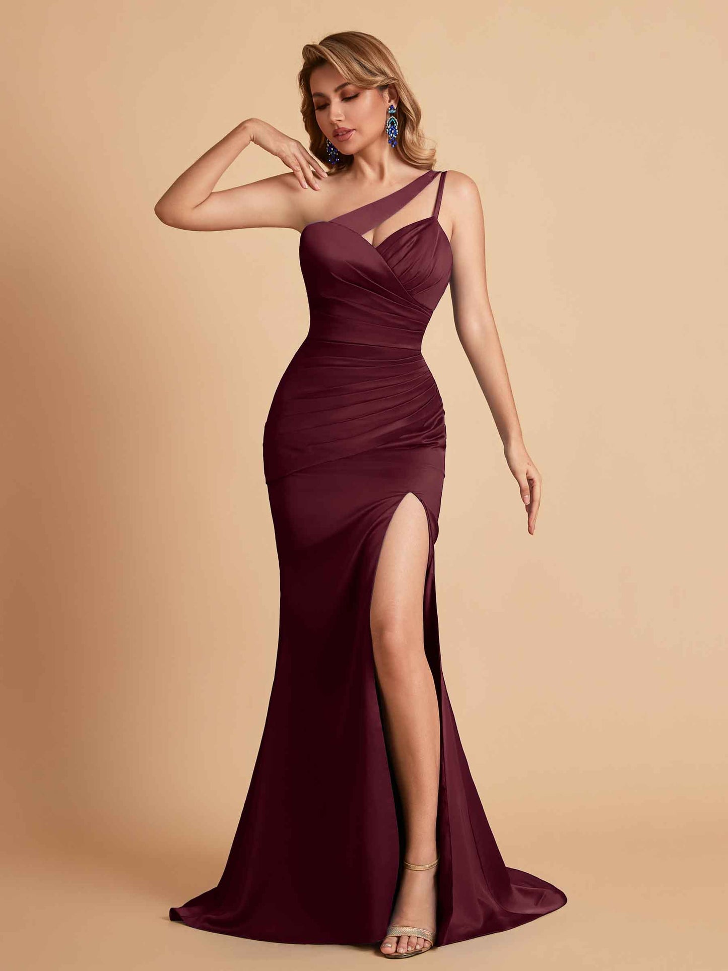 Elegant Satin One Shoulder Mermaid Side Slit Floor Length Bridesmaid Dresses