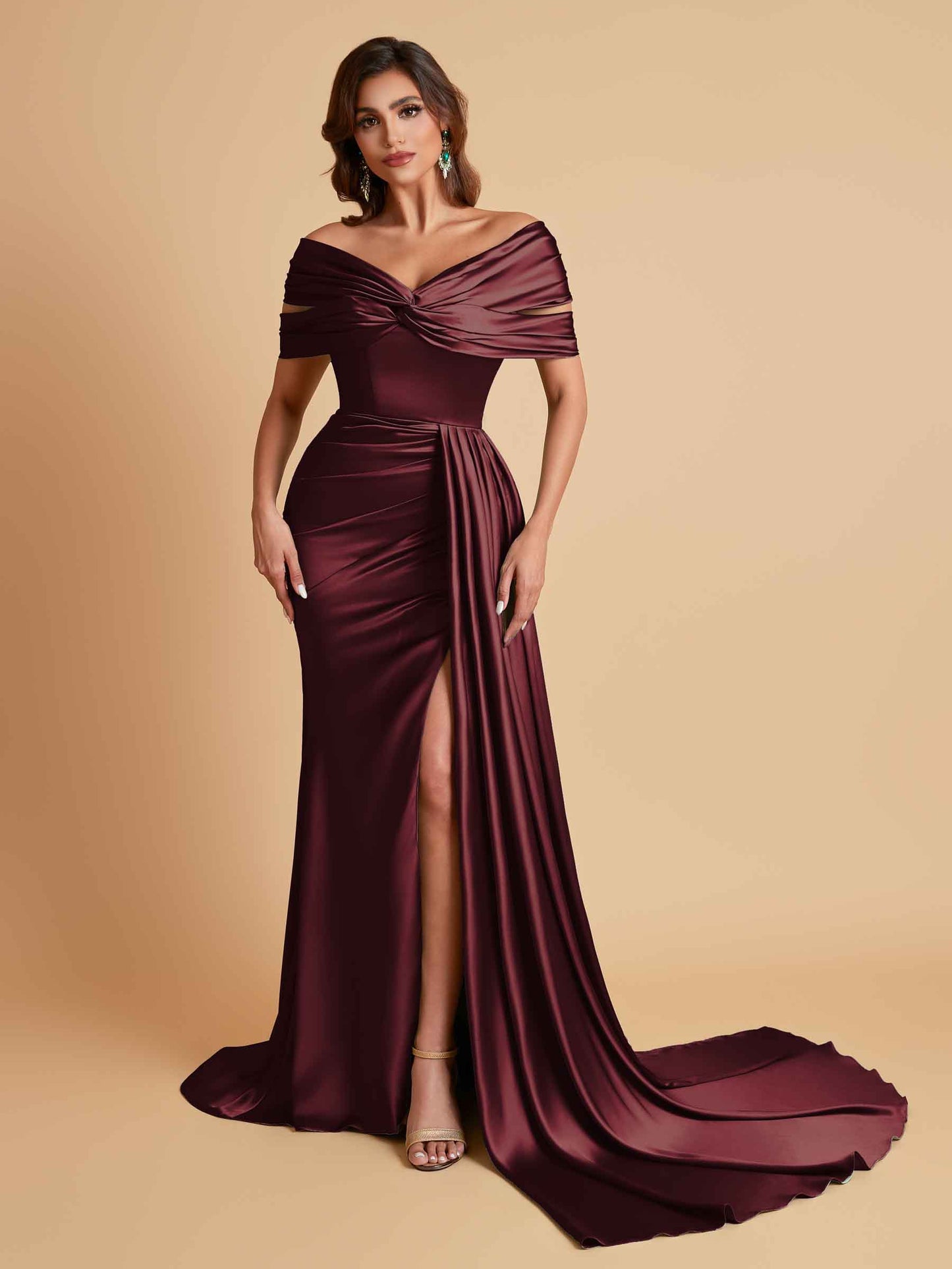 Elegant Soft Satin V-neck Off-the-Shoulder Side-Slit Mermaid Bridesmaid Dresses