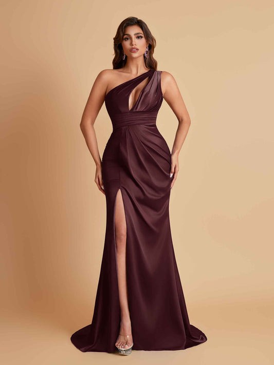 Sexy One Shoulder Soft Satin Side Slit Floor-Length Mermaid Bridesmaid Dresses