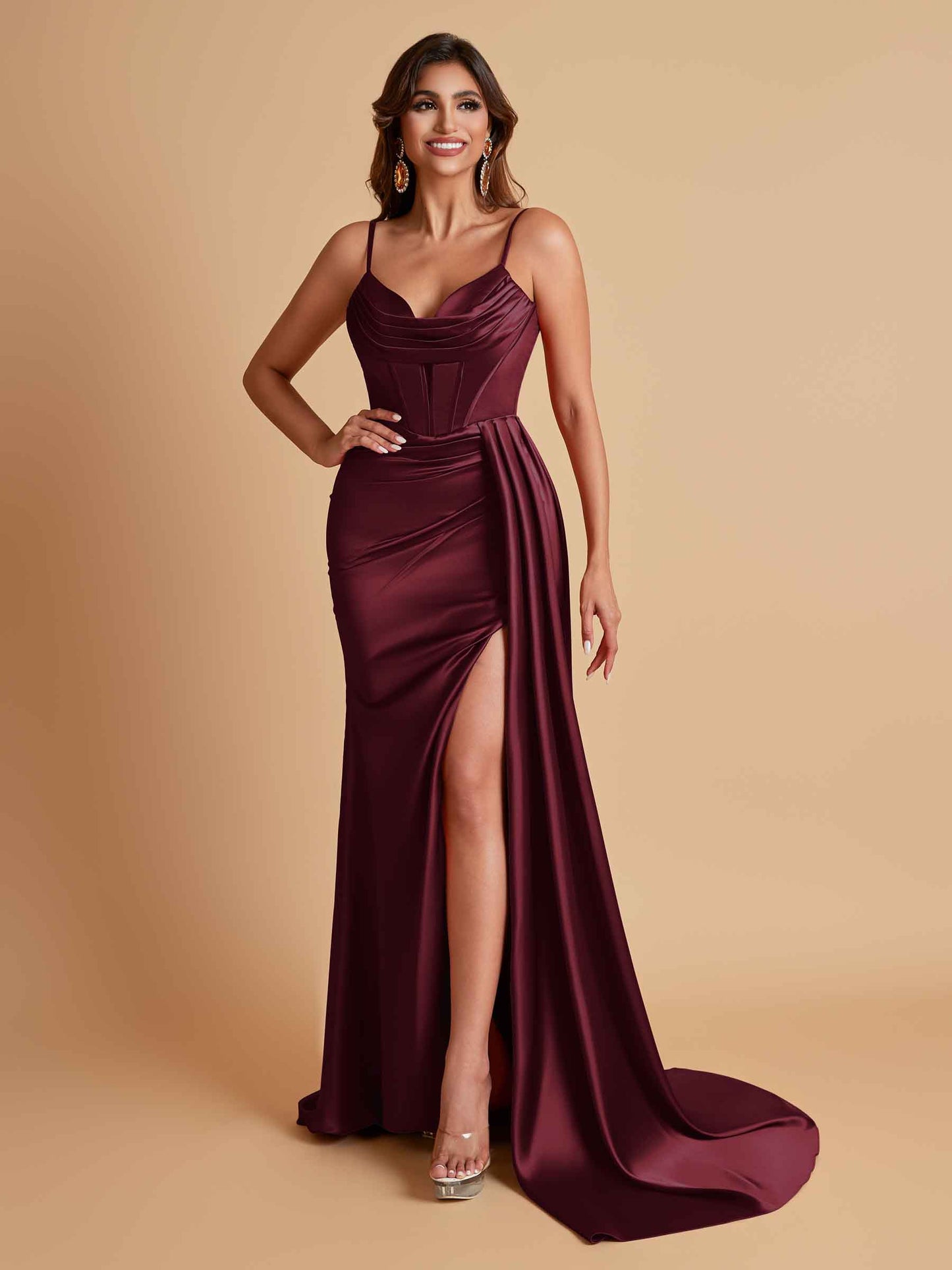 Sexy Soft Satin V-neck Spaghetti Strap Side-Slit Mermaid Bridesmaid Dresses