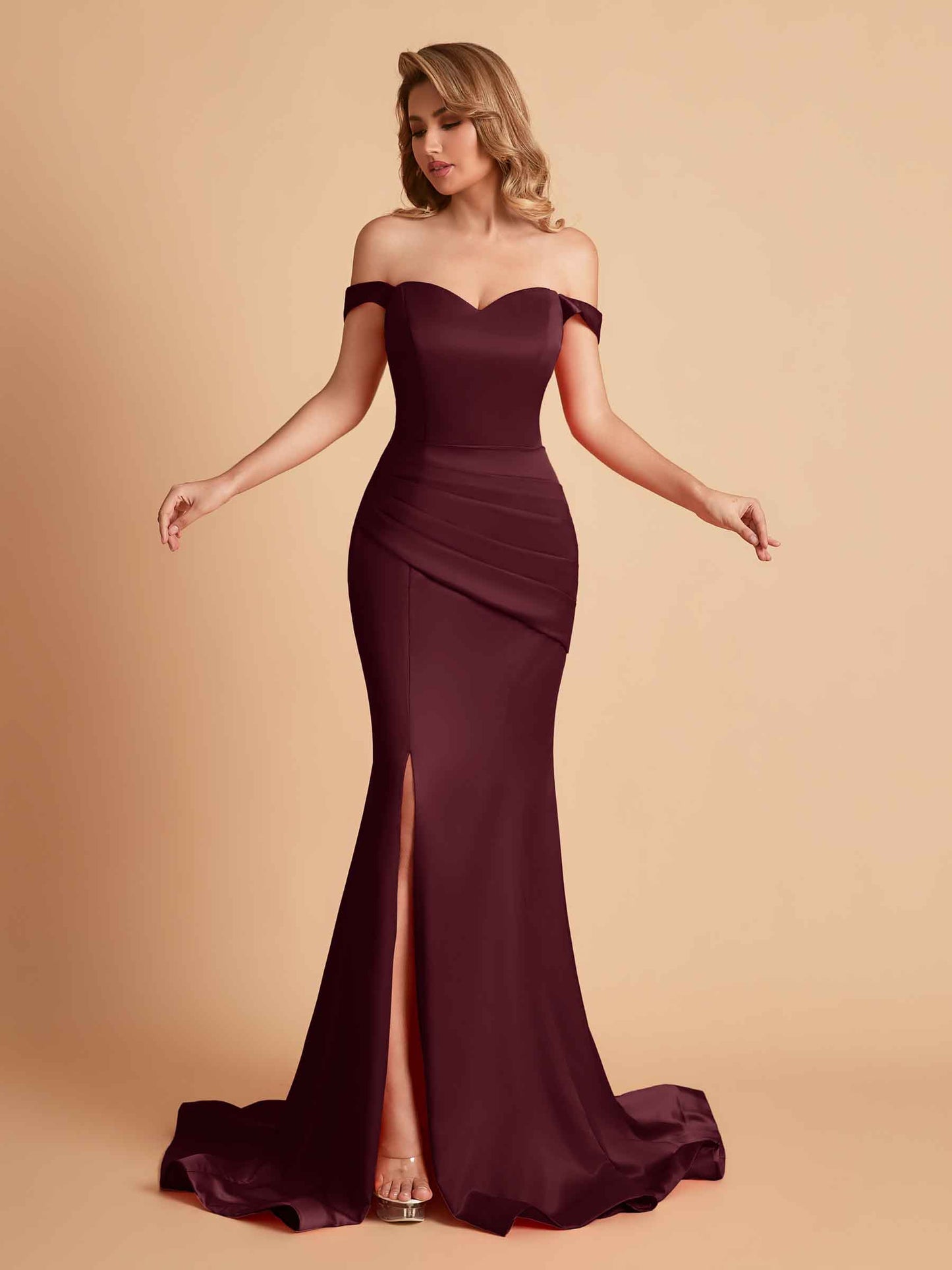 Elegant Satin Off the Shoulder Mermaid Side Slit Floor Length Bridesmaid Dresses