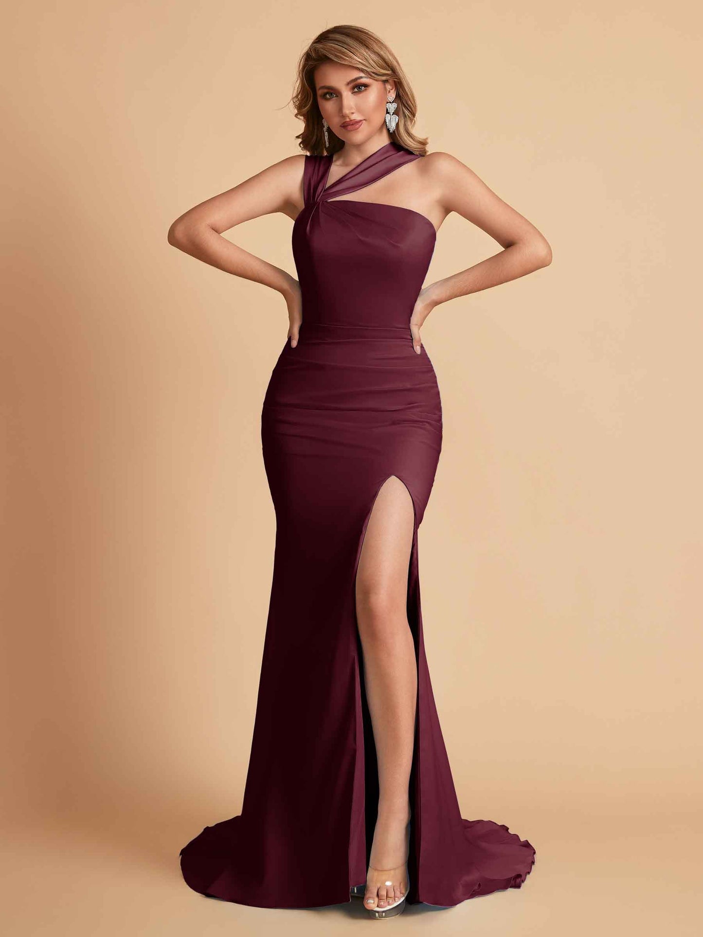 Elegant Satin Asymmetrical Side Slit Mermaid Floor Length Bridesmaid Dresses