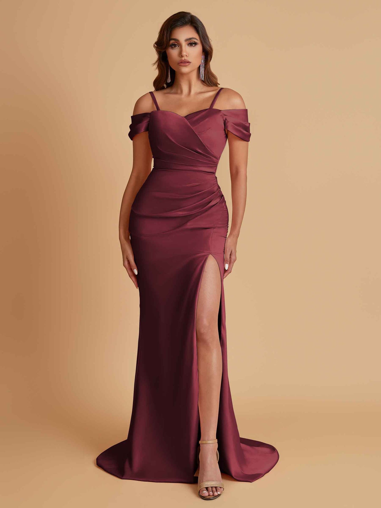 Sexy Soft Satin Mermaid Cold Shoulder Side Slit Floor-Length Bridesmaid Dresses Online