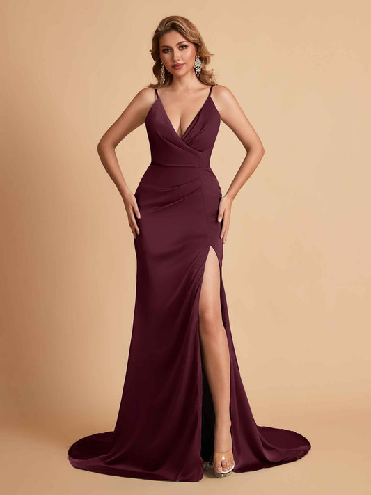 Elegant Satin Spaghetti Straps V-Neck Mermaid Side Slit Floor Length Bridesmaid Dresses