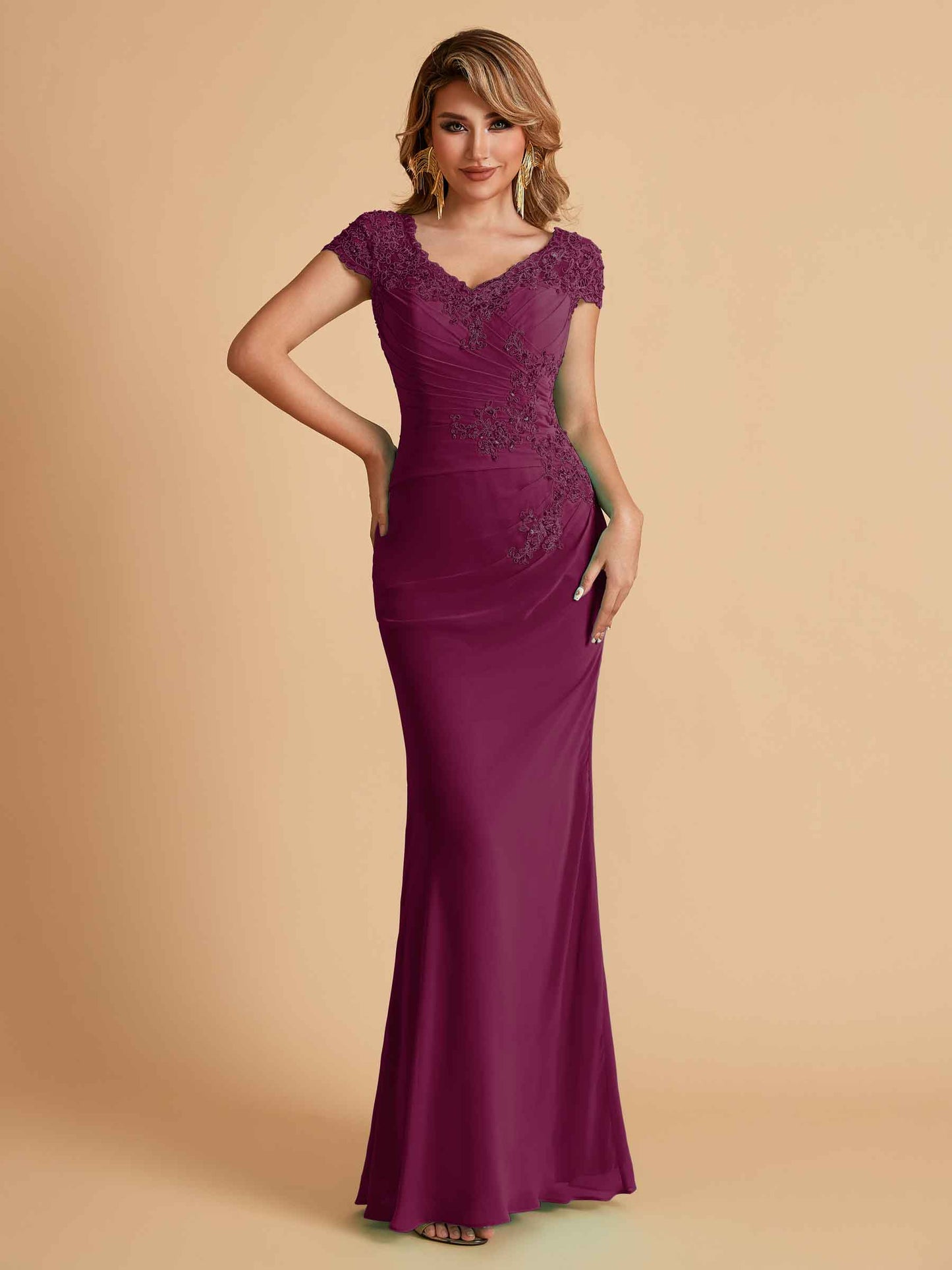 Elegant Mermaid Chiffon Cap Sleeves V-Neck Mother of the Brides Dresses Online