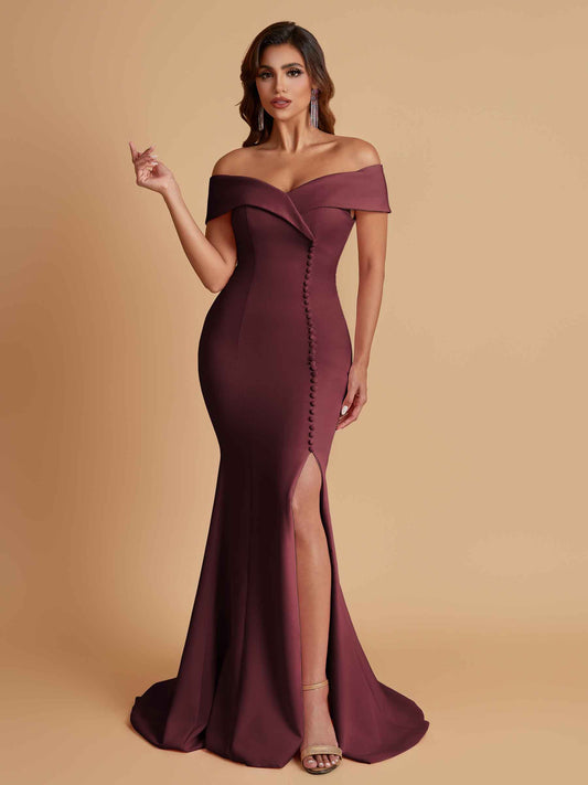 Elegant Soft Satin Mermaid Off Shoulder Side Slit Floor-Length Bridesmaid Dresses