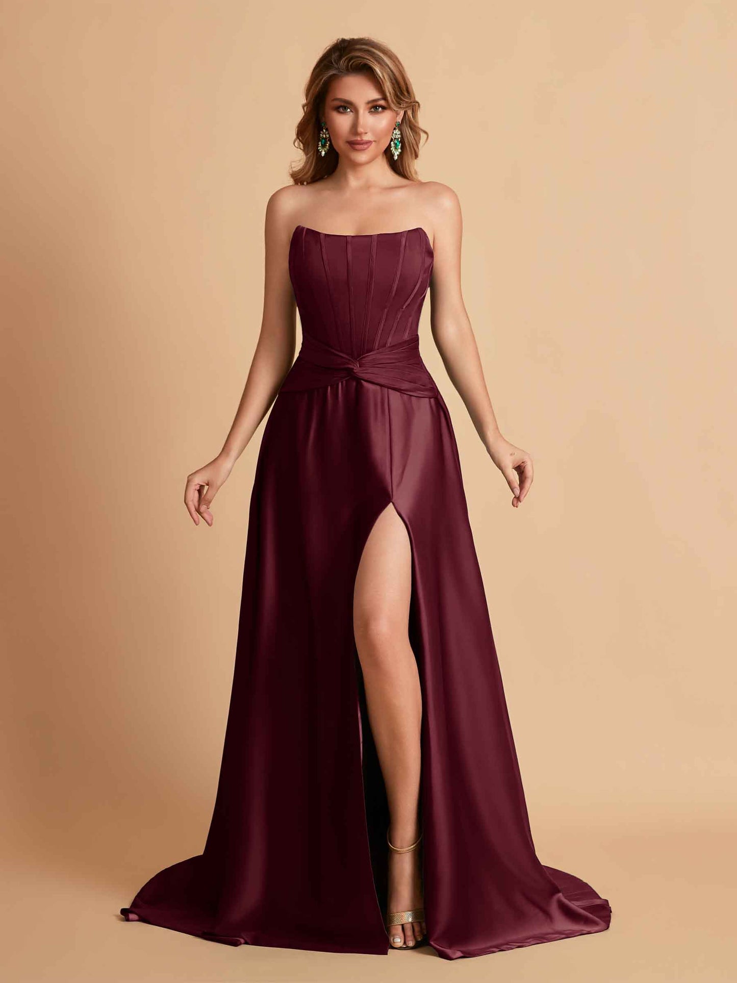 Elegant Satin Sweetheart A-Line Side Slit Floor Length Bridesmaid Dresses
