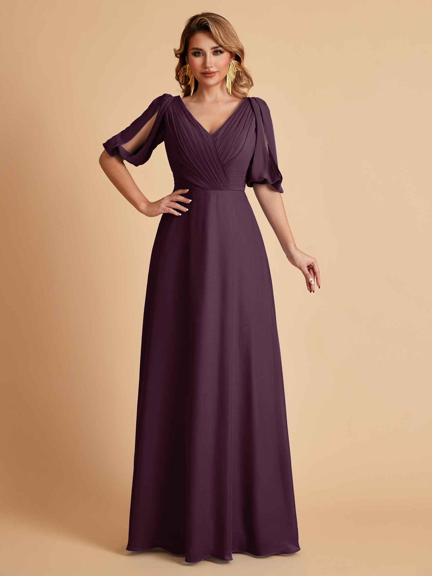 Elegant A-Line Chiffon Half Sleeves V-Neck Mother of the Brides Dresses Online