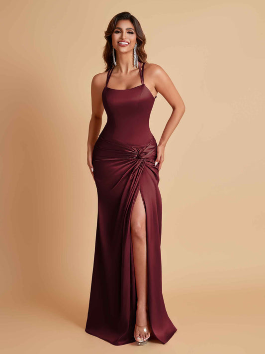 Gorgeous Square Criss Cross Soft Satin Side Slit Floor-Length Mermaid Bridesmaid Dresses