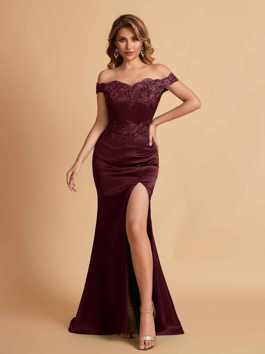 Elegant Satin Off Shoulder Mermaid Side Slit Floor Length Bridesmaid Dresses