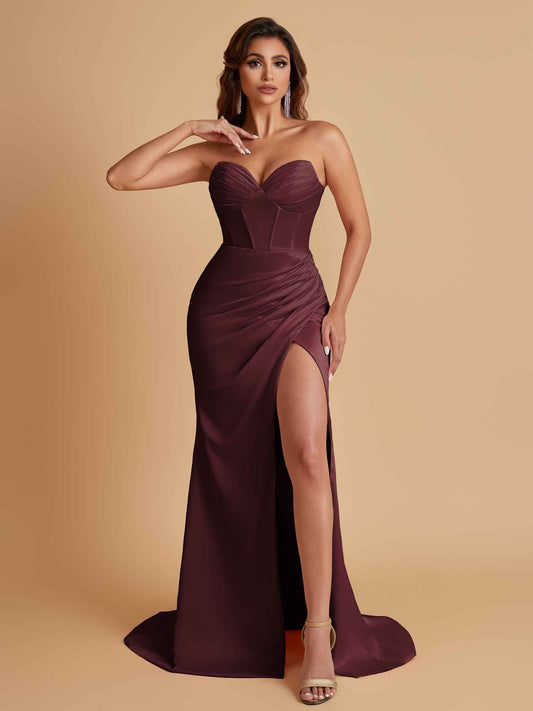 Elegant Soft Satin Mermaid V-neck Side Slit Floor-Length Bridesmaid Dresses Online