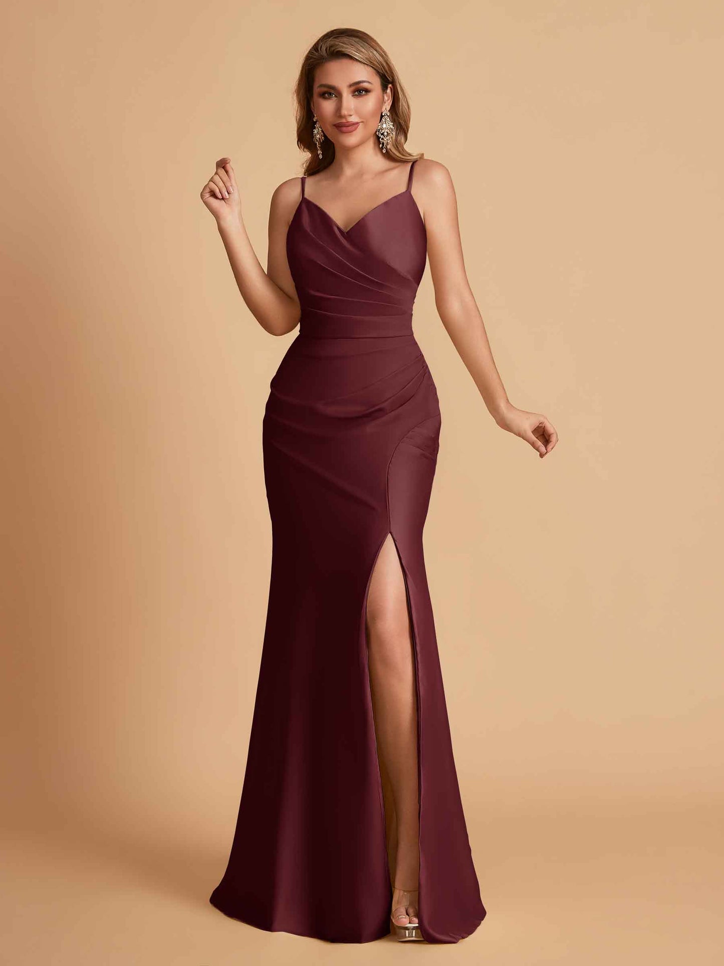 Elegant Satin Spaghetti Straps Mermaid Side Slit Floor Length Bridesmaid Dresses