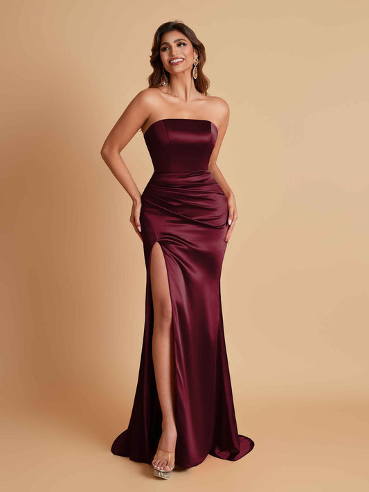 Elegant Soft Satin Strapless Split Side Mermaid Bridesmaid Dresses