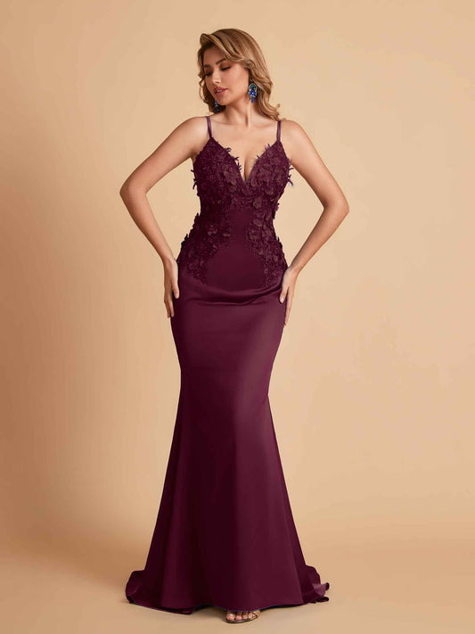 Sexy Satin Spaghetti Straps V-neck Mermaid Floor Length Applique Bridesmaid Dresses