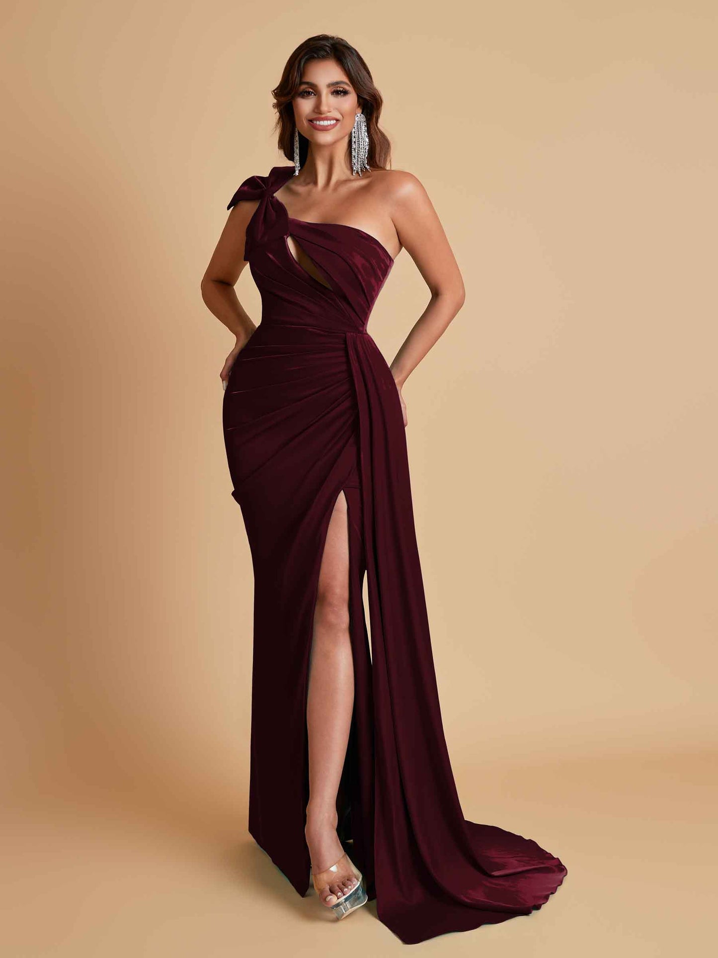 Gorgeous One Shoulder Bow Knot Soft Satin Side Slit Floor-Length Mermaid Bridesmaid Dresses