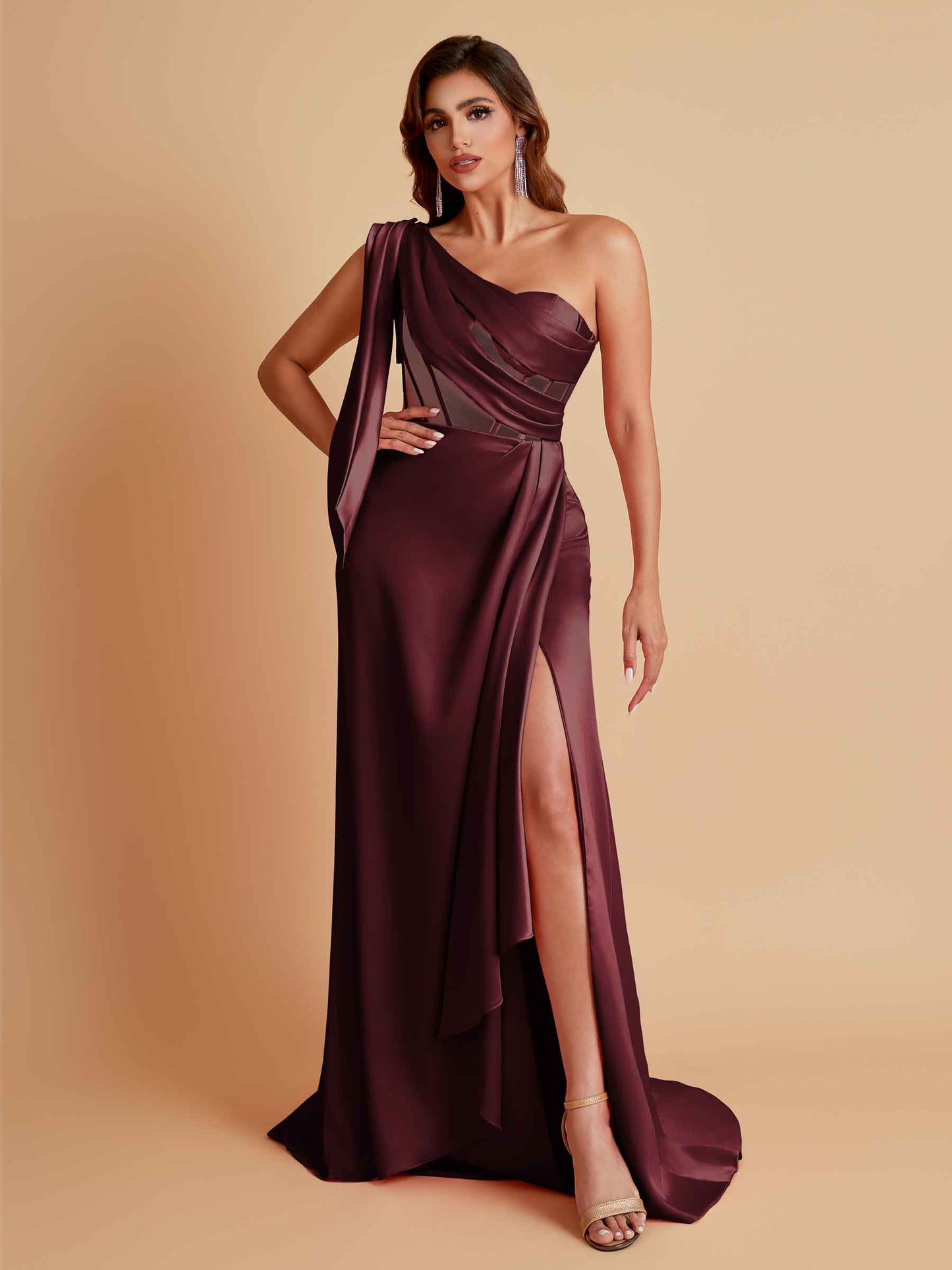 Sexy Soft Satin Mermaid One Shoulder Asymmetrical Side Slit Floor-Length Bridesmaid Dresses