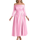 Off Shoulder Mother of the Bride Dress Tea-Length Satin Gown with Lace Applique