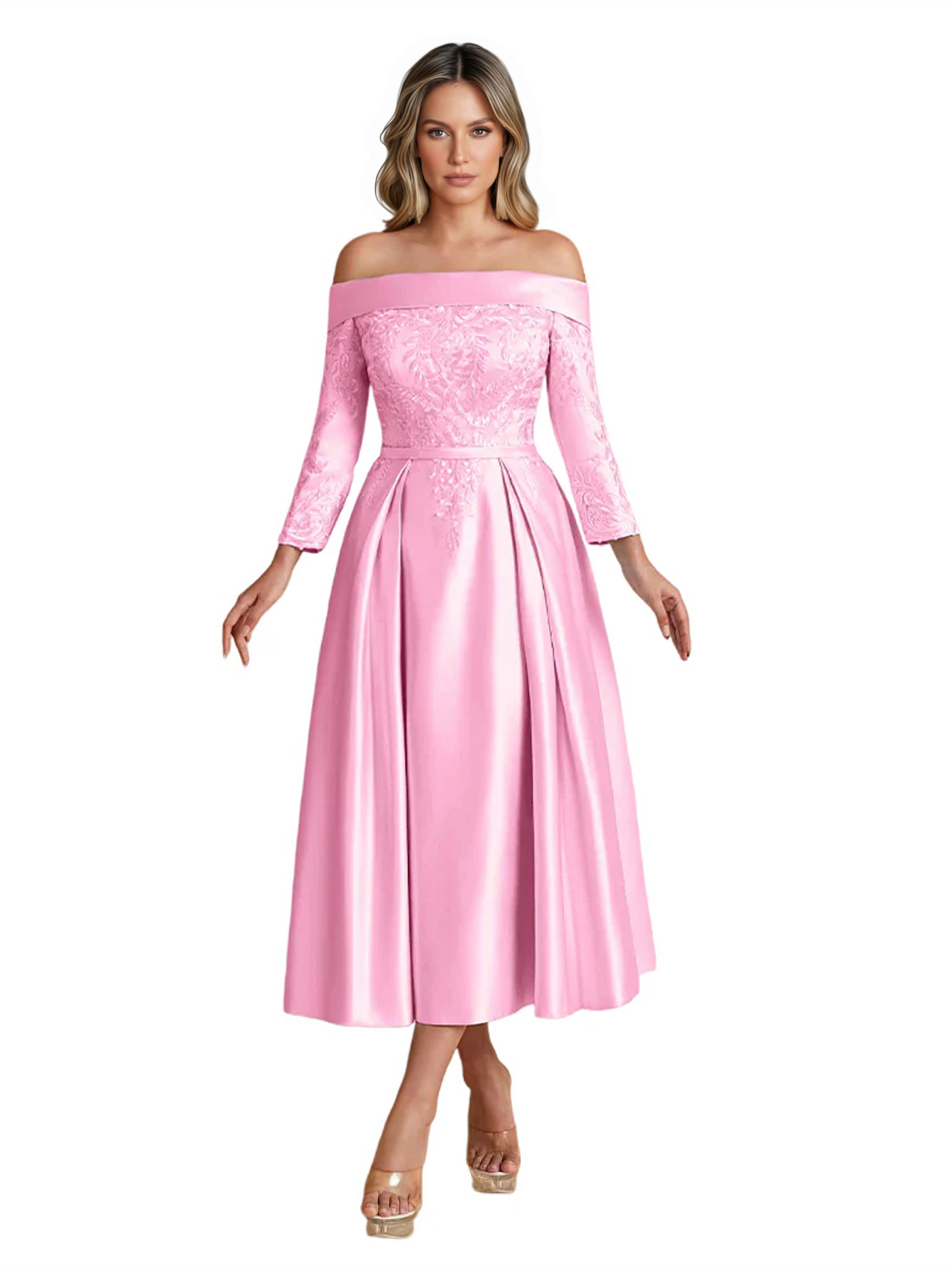 Off Shoulder Mother of the Bride Dress Tea-Length Satin Gown with Lace Applique